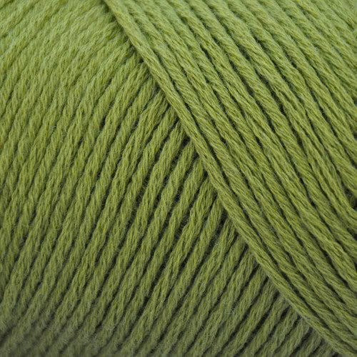 Close up on an olive green skein of Brown Sheep Cotton Fleece yarn. 