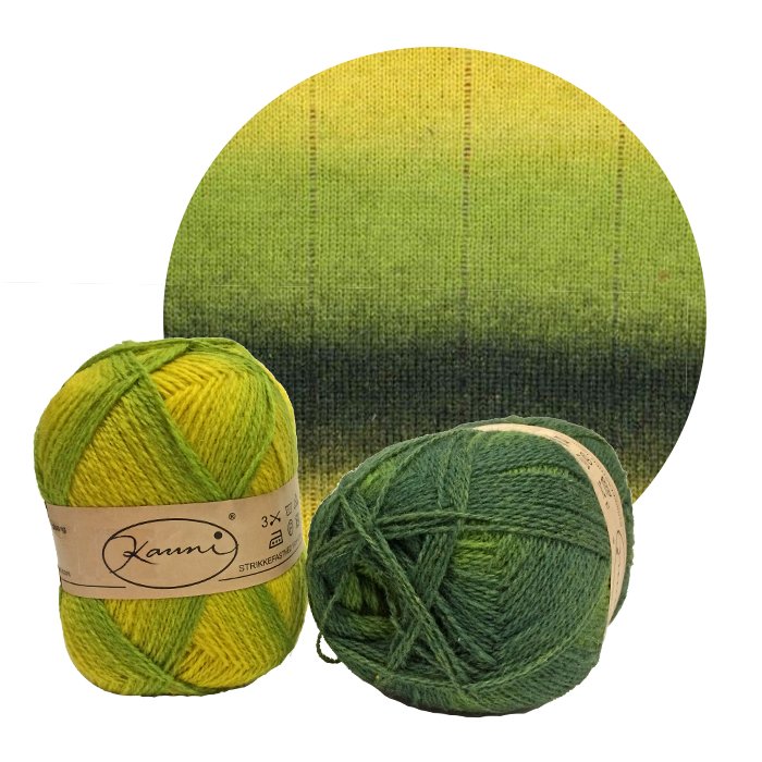 Two balls of green and yellow Kauni Effektgarn yarn and a knitted swatch. 