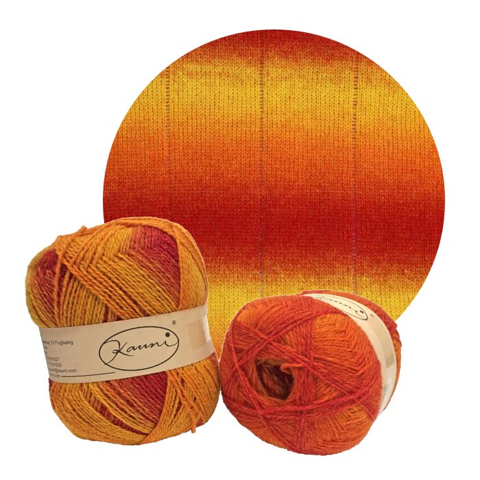 Two balls of orange and yellow Kauni Effektgarn yarn and a knitted swatch. 