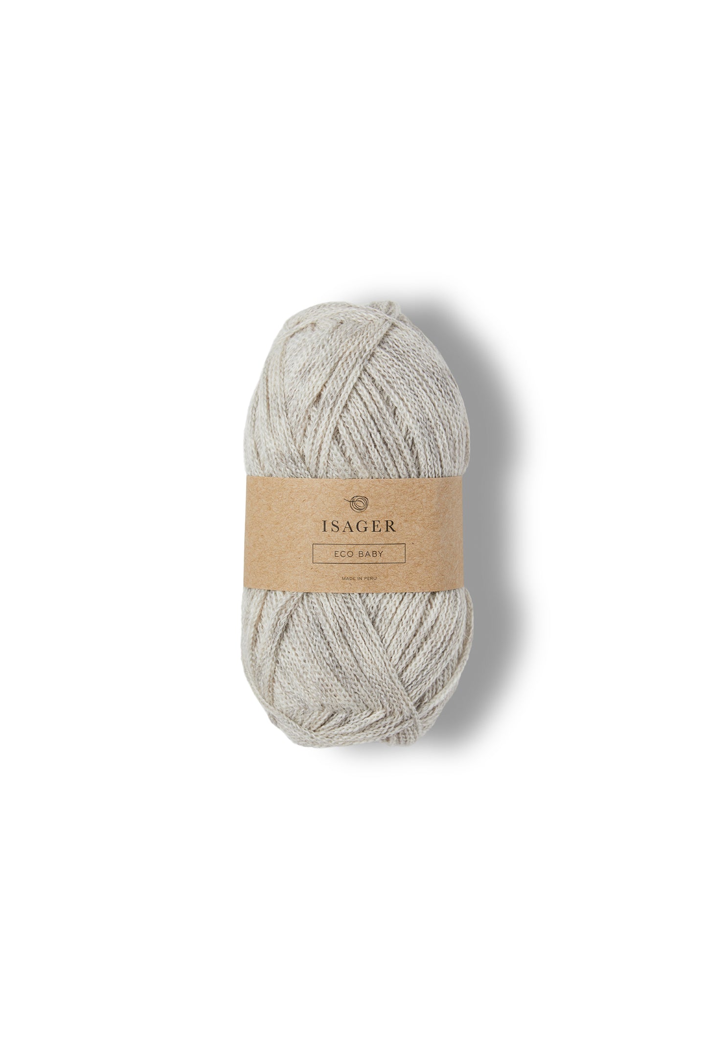 Light gray ball of Isager Eco Baby yarn. 