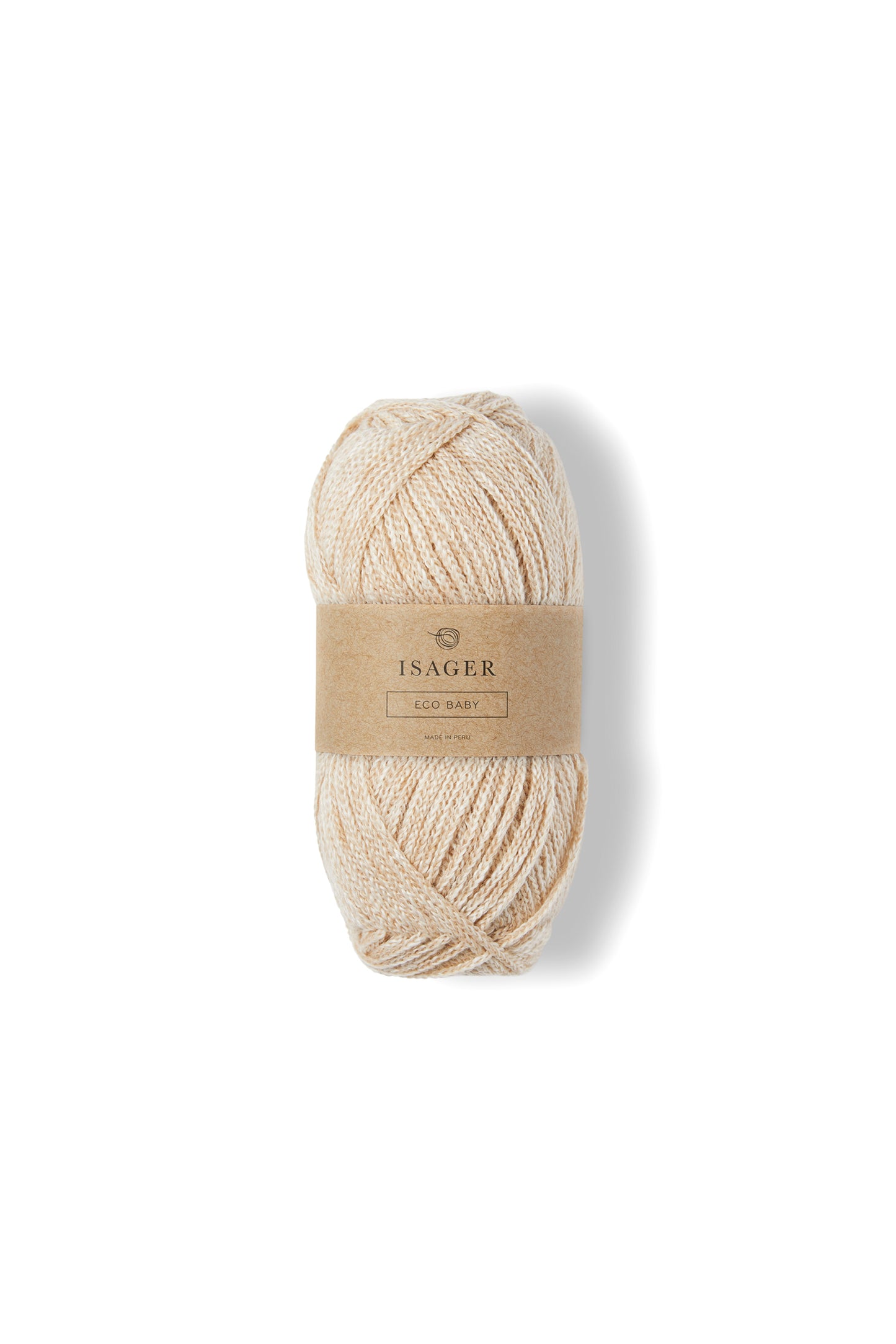 Light brown ball of Isager Eco Baby yarn. 