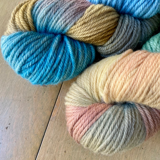 Close up on two colorful skeins of Ester Bitran Talinay yarn at Hillsborough Yarn Shop