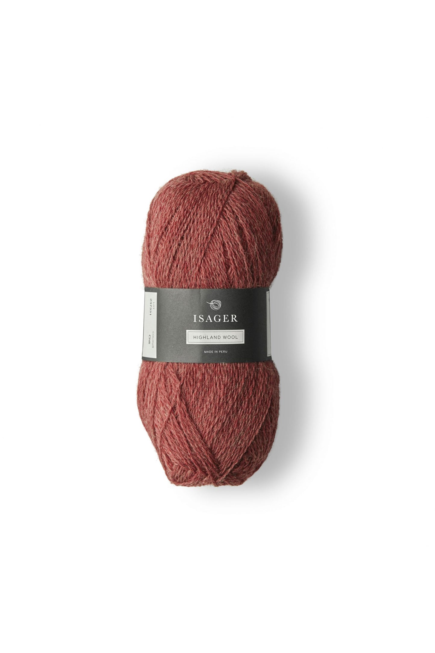 Brick red ball of Isager Highland Wool yarn in color Chili - for sale at Hillsborough Yarn Shop, NC, USA. 