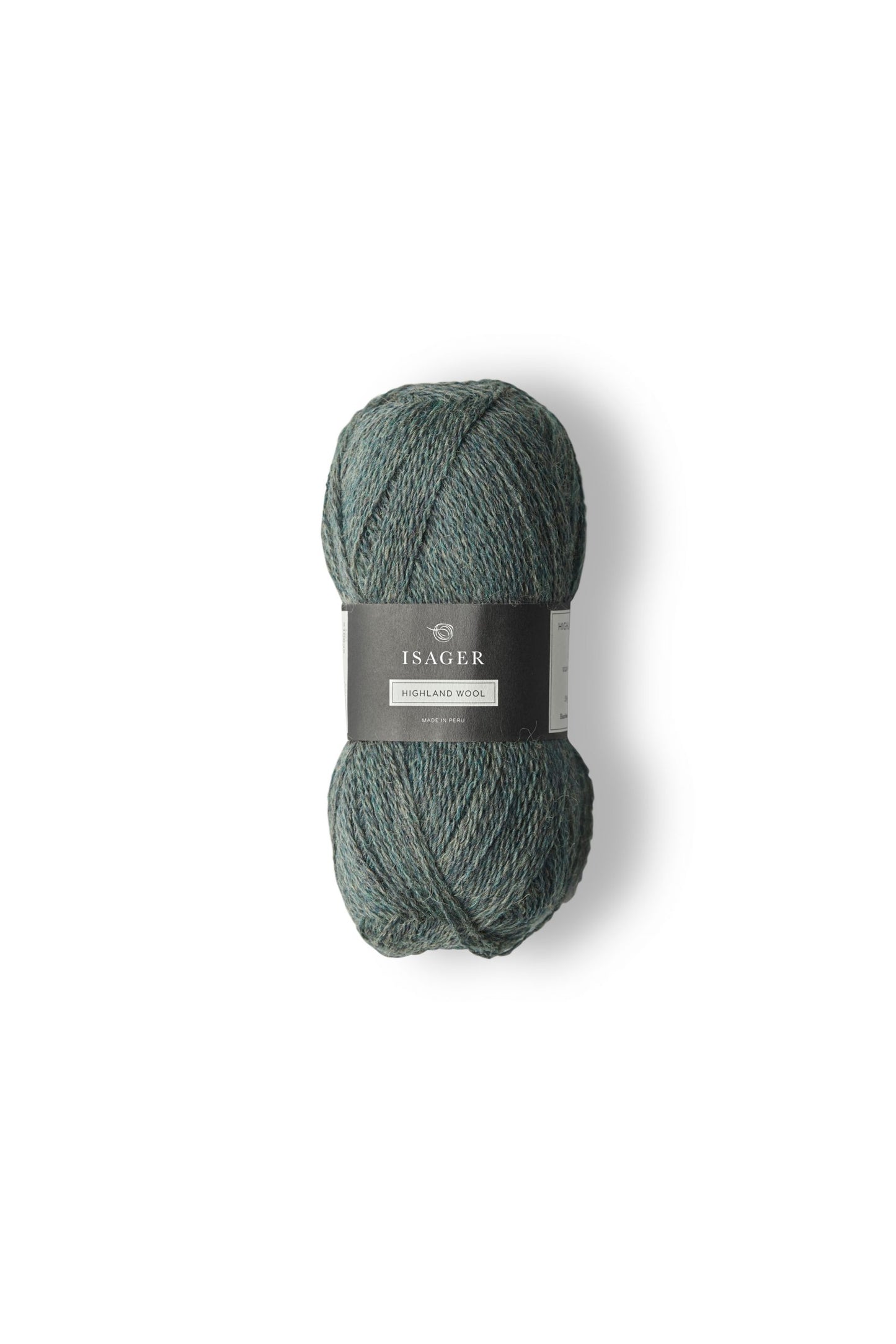 Heathered teal ball of Isager Highland Wool yarn. 