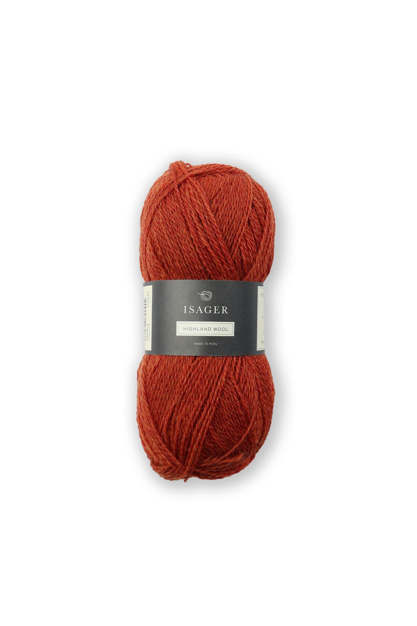 Red orange ball of Isager Highland Wool yarn. 