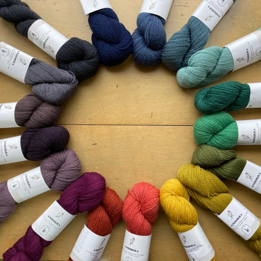 Collection of colorful skeins of Kelbourne Woolens Andorra yarn arranged in a circle on a wooden surface. 