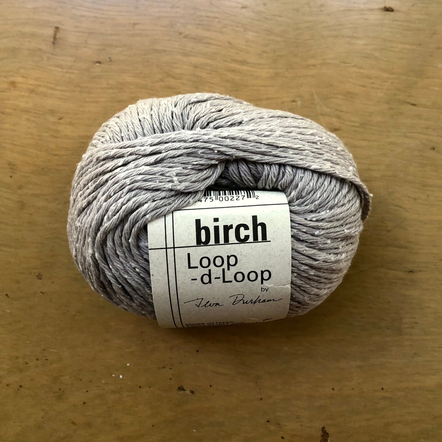 Light gray ball of Birch yarn, from Loop-d-Loop by Teva Durham. 