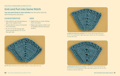 Excerpt of page 60 in Increase/Decrease book by Judith Durant, on the topic 'knit and purl into same stitch' with image depictions.