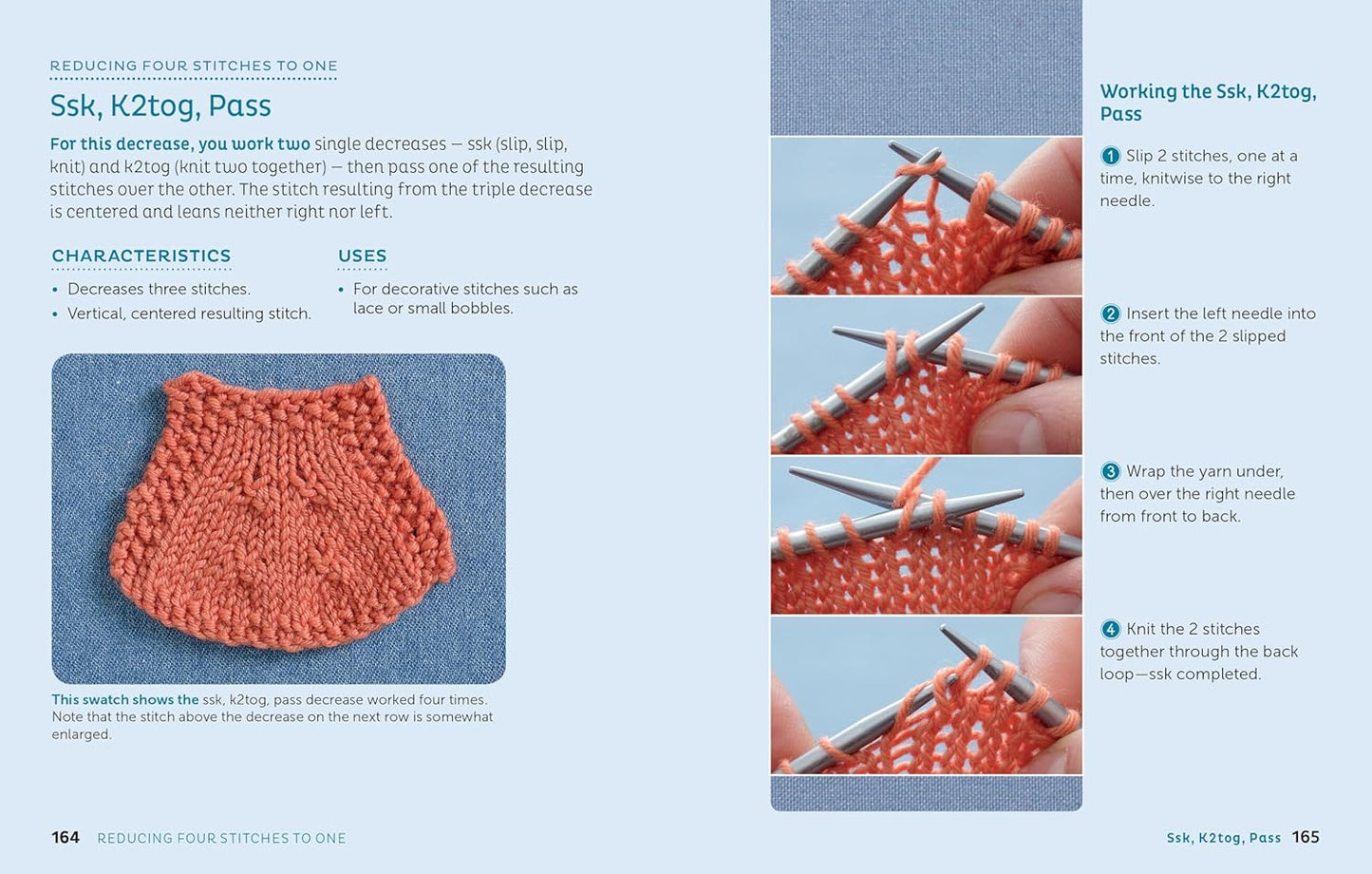 Excerpt of page 164 in Increase/Decrease book by Judith Durant, on the topic 'ssk, k2tog, pass' with photo tutorial.