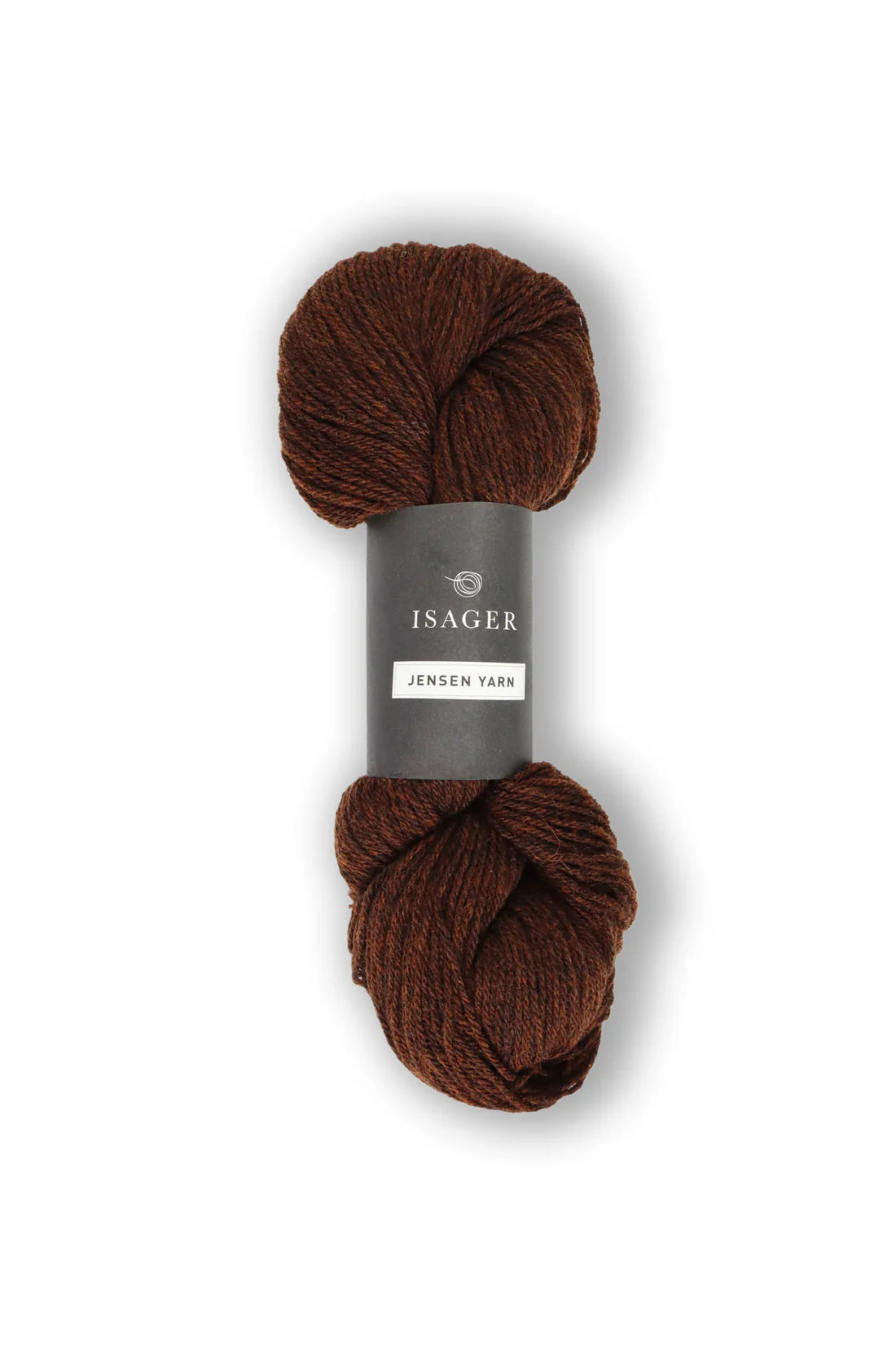 A skein of Isager Jensen Yarn in color 96, a dark red-brown rust color. 