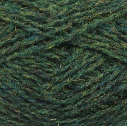 Heathered medium green with blues and flecks of yellow - Jamieson's Shetland Spindrift yarn in Fern.