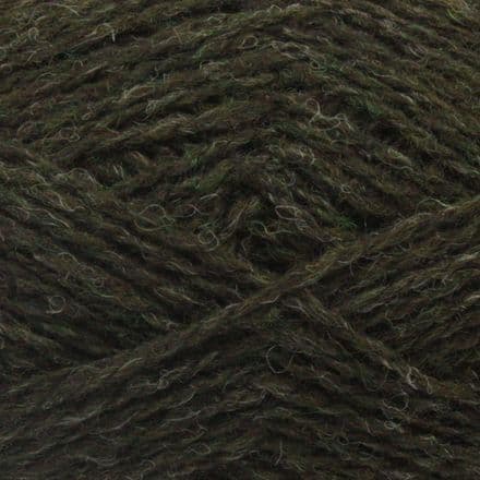 Close-up of deep, earthy dark green Jamieson's Shetland Spindrift yarn in color Earth.