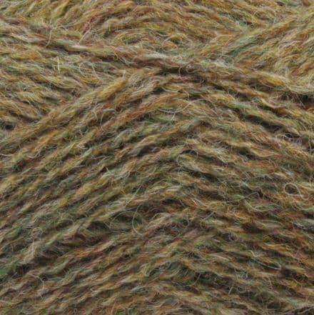 Close-up of earthy green-brown Jamieson's Shetland Spindrift yarn in color Thyme.