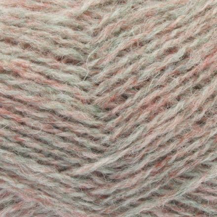 Heathered pale sage and coral - Jamieson's Shetland Spindrift yarn in Fog.