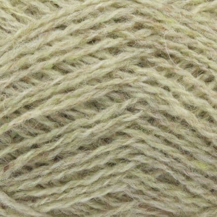 Close-up of pale green Jamieson's Shetland Spindrift yarn in color Lichen.