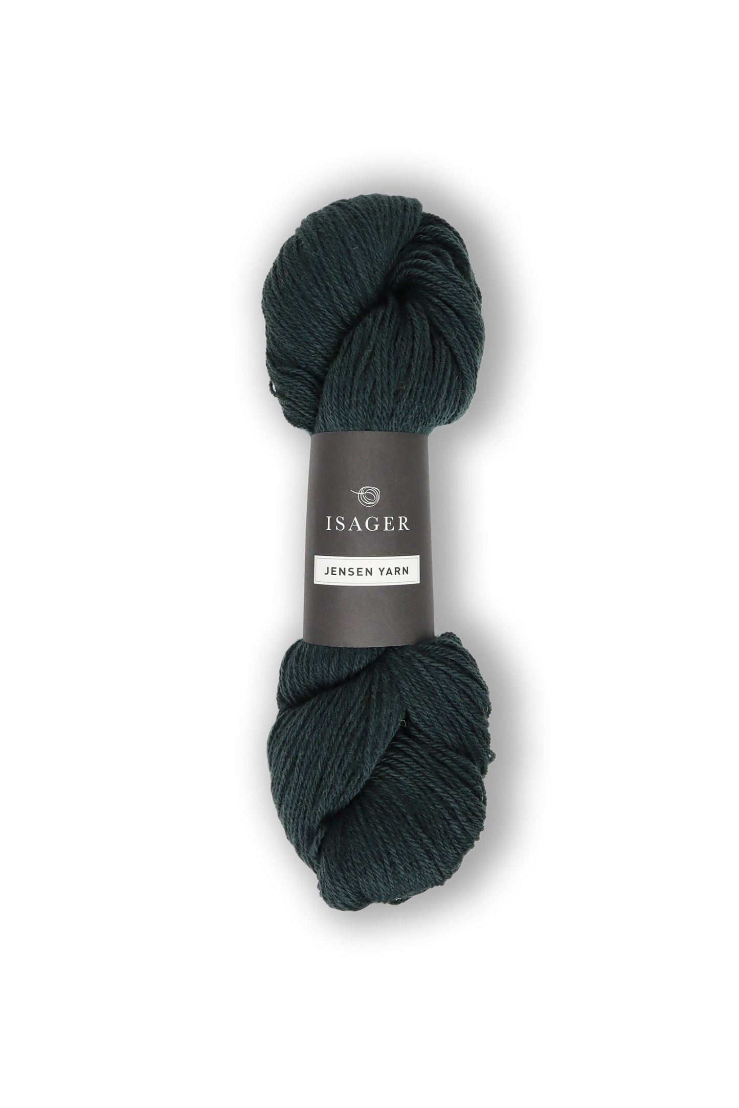 Dark green skein of Isager Jensen yarn. 