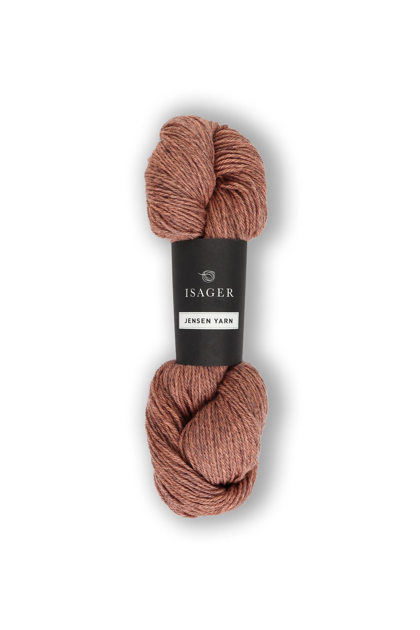 Medium heathered coral skein of Isager Jensen yarn. 