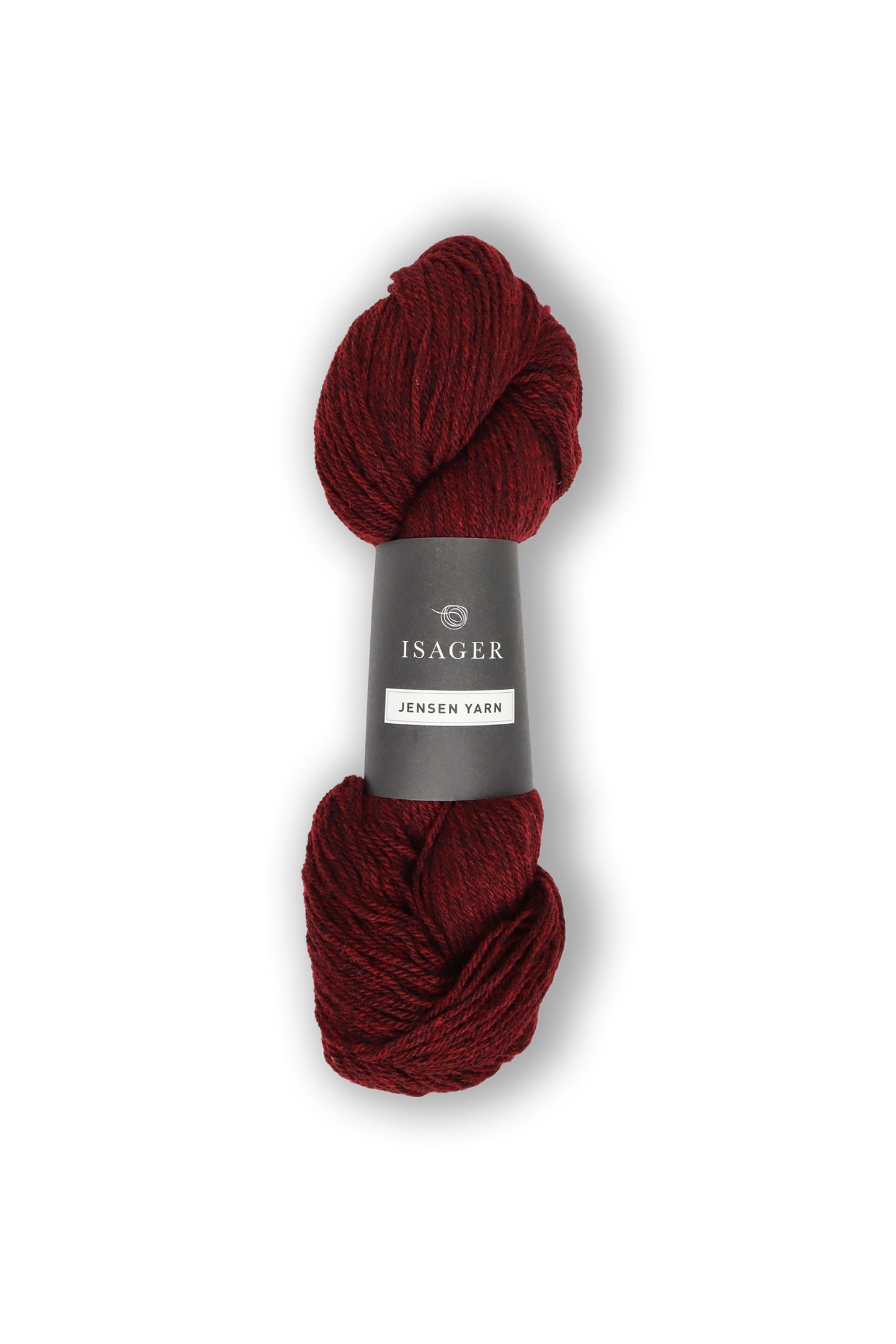 Burgundy skein of Isager Jensen yarn. 