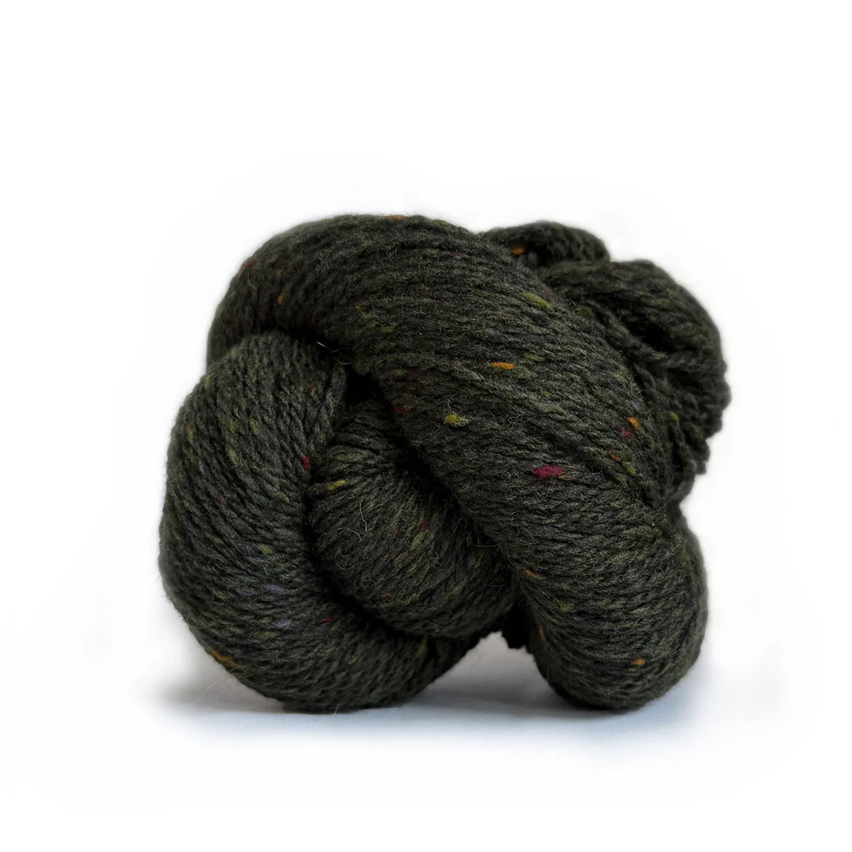 Skein of dark olive green Kelbourne Woolens Lucky Tweed yarn, colorway Kelp