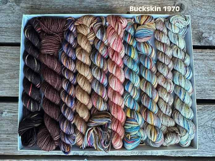 Rectangular package holding ten mini skeins of colorful hand dyed Koigu KPPPM yarn. 