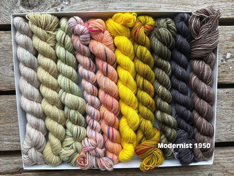 Rectangular package holding ten mini skeins of colorful hand dyed Koigu KPPPM yarn. 