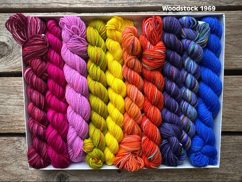 Rectangular package holding ten mini skeins of colorful hand dyed Koigu KPPPM yarn. 