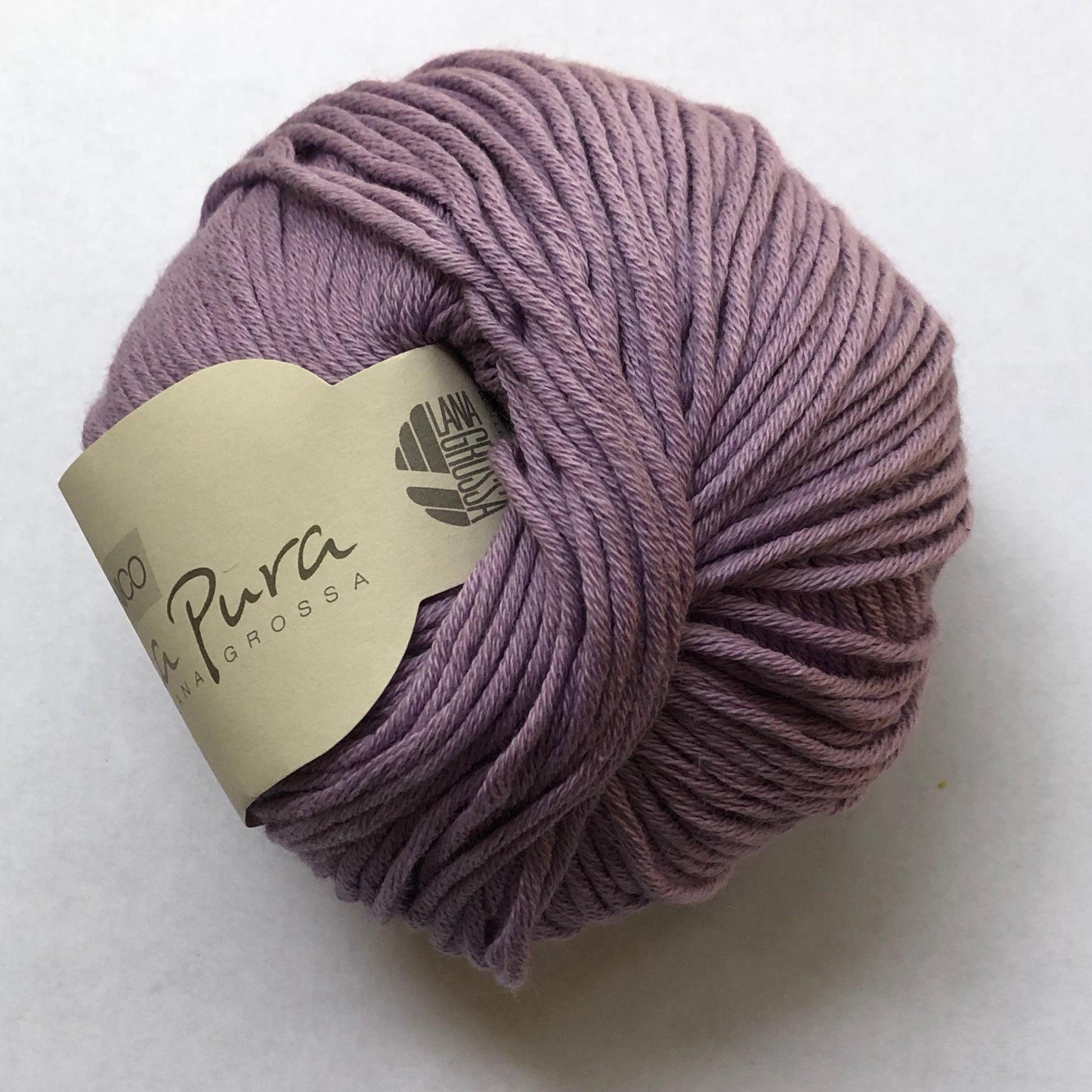 Ball of Lana Grossa Organico yarn in purple. 