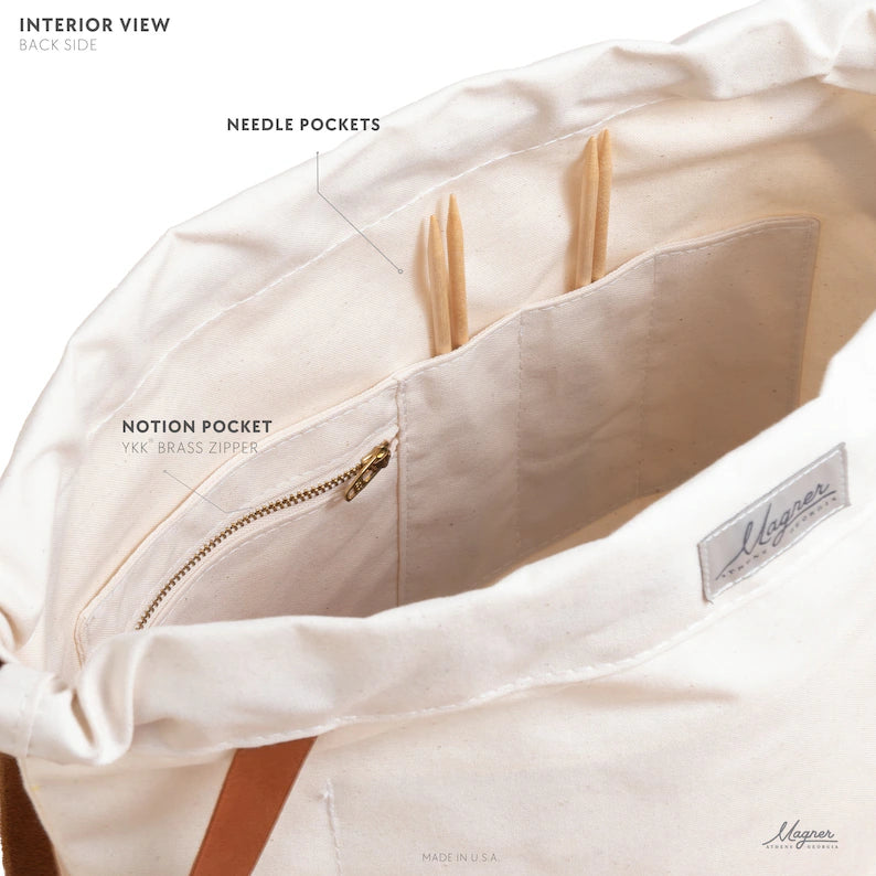 Interior back view of Magner Co Knitty Gritty knitting project bag in Original size, Natural colorway