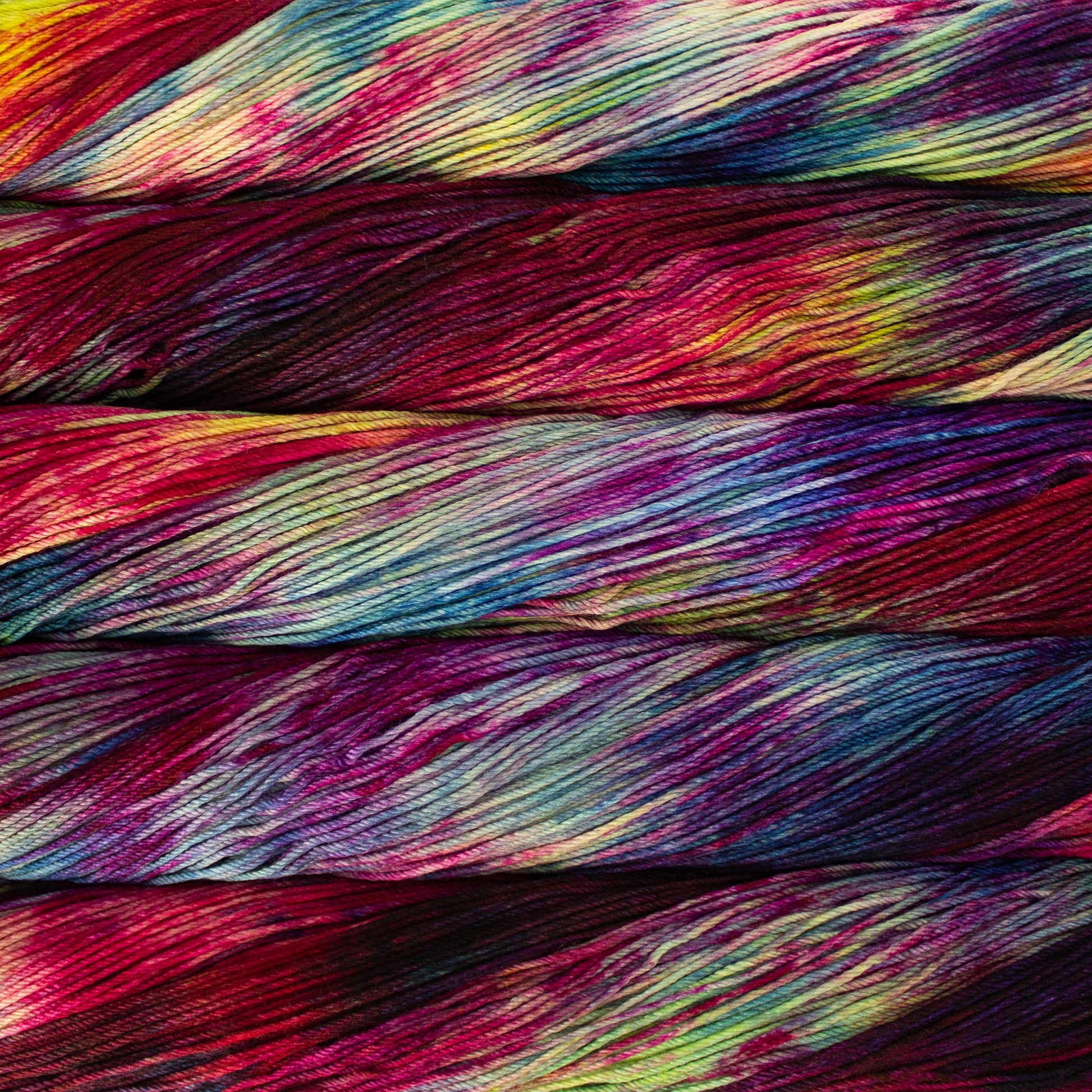 Skein of variegated red, blue, yellow, and purple Malabrigo Arroyo yarn. 