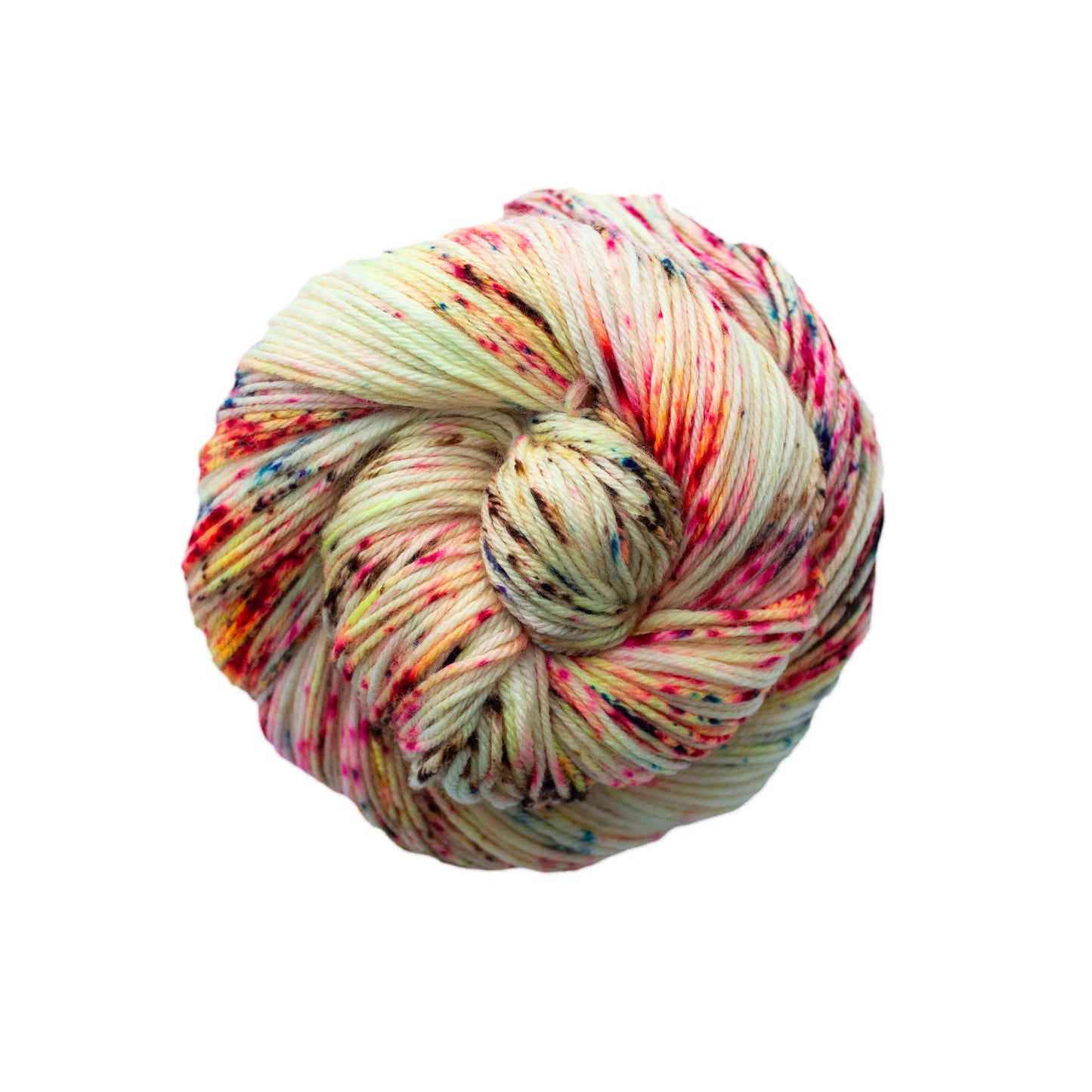 Skein of speckled white, orange, and green Malabrigo Arroyo yarn. 