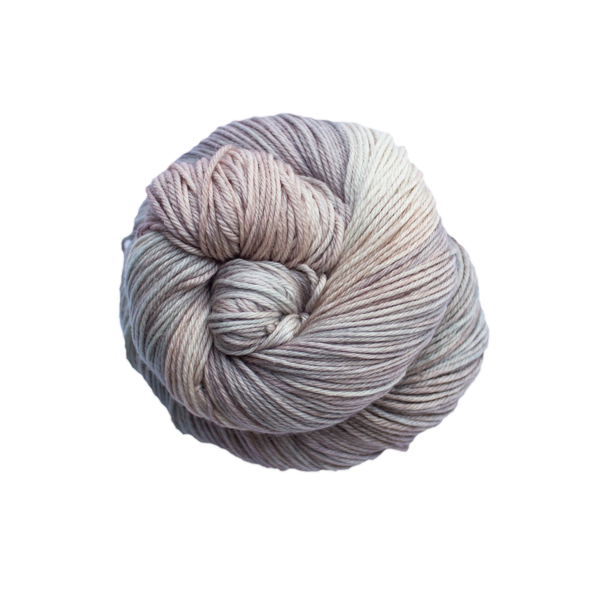 Skein of variegated beige, gray, and taupe Malabrigo Arroyo yarn. 