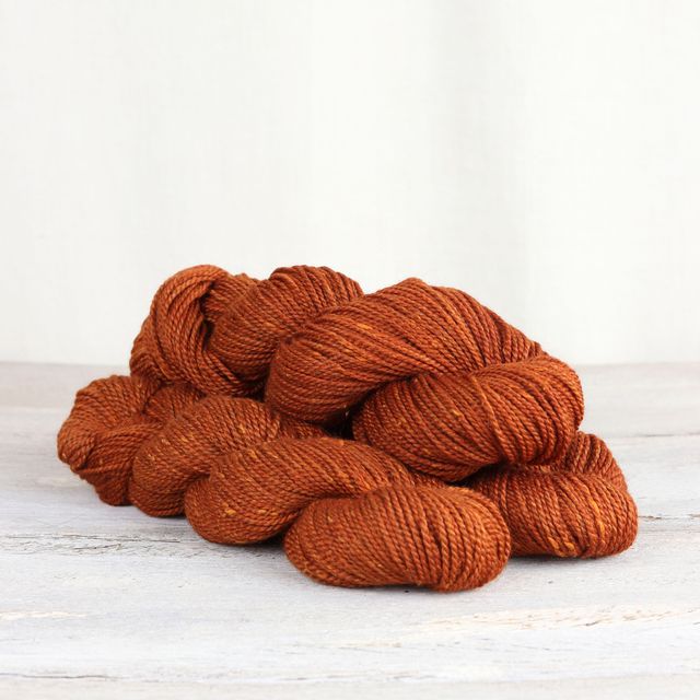 3 skeins of dark orange Fibre Co. Acadia yarn. 