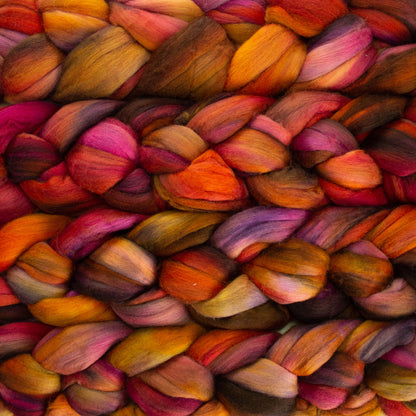 variegated orange, pink and brown braided batts of fiber - Nube by Malabrigo - Hillsborough Yarn Shop