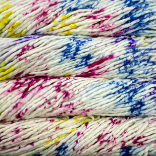 Close up on rainbow speckled skein of Malabrigo Rasta yarn. 