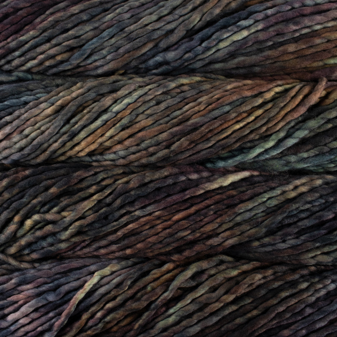 Close up on dark variegated skein of Malabrigo Rasta yarn in color woodland