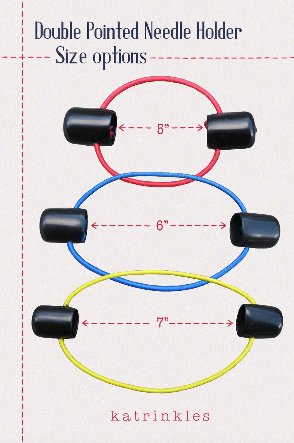 Three double point knitting needle holders with two black plastic endcaps, connected by red, blue, and yellow elastic, respectively. 