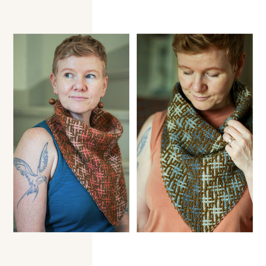 Two pictures of designer Gudrun Johnston wearing handknit mosaic “Cloud Drift” cowls in two colorways, one in shades of pink and the other in shades of blue. 