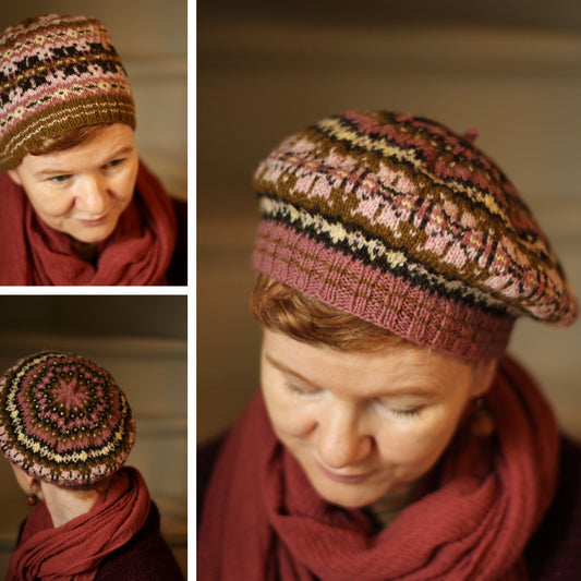 Designer Gudrun Johnston models the Simply Shetland Holiday Hat for 2024.