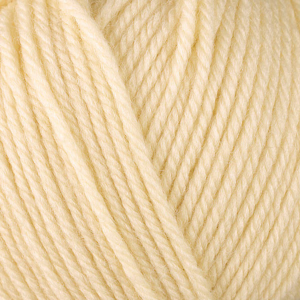 Close up on pastel yellow ball of Berroco Ultra Wool yarn.