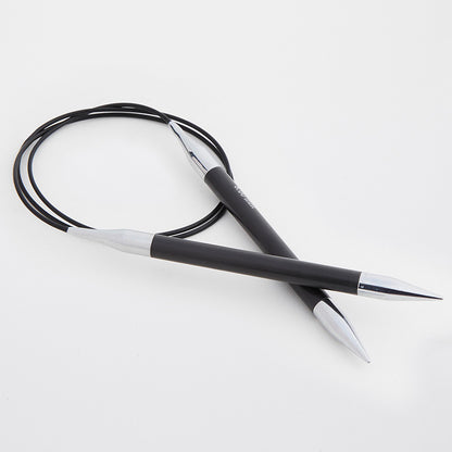 Black circular needles with silver tips connected by a black cord. 
