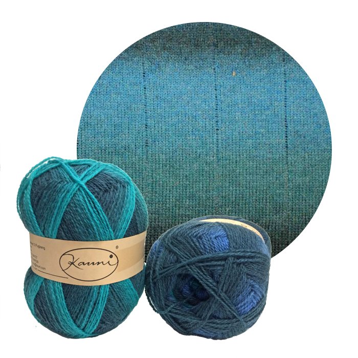 Two balls of teal and blue Kauni Effektgarn yarn and a knitted swatch. 