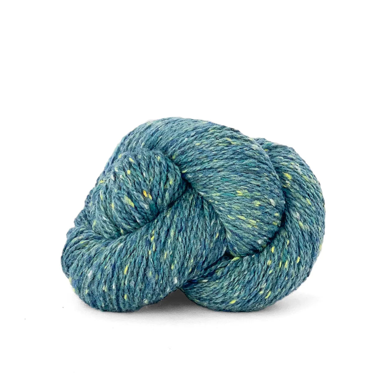 Skein of light teal Kelbourne Woolens Lucky Tweed yarn. 