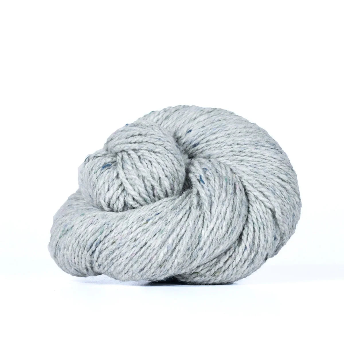 Skein of ice blue Kelbourne Woolens Lucky Tweed yarn. 