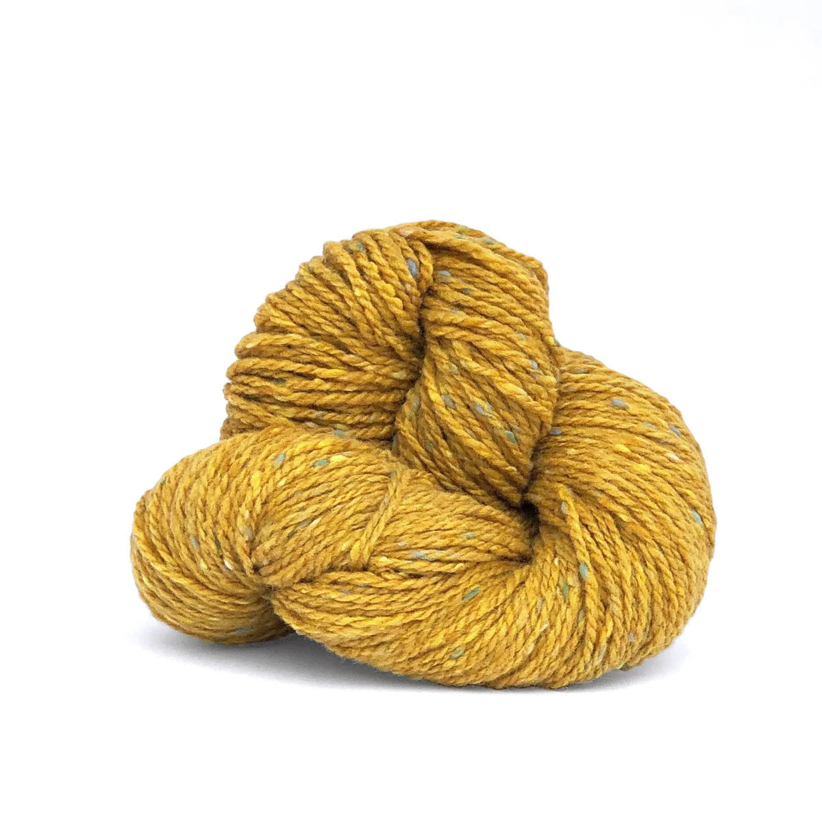 Skein of golden yellow Kelbourne Woolens Lucky Tweed yarn. 