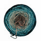 Ball of gradient Malabrigo Metamorphosis Sock yarn in shades of teal and gray. 