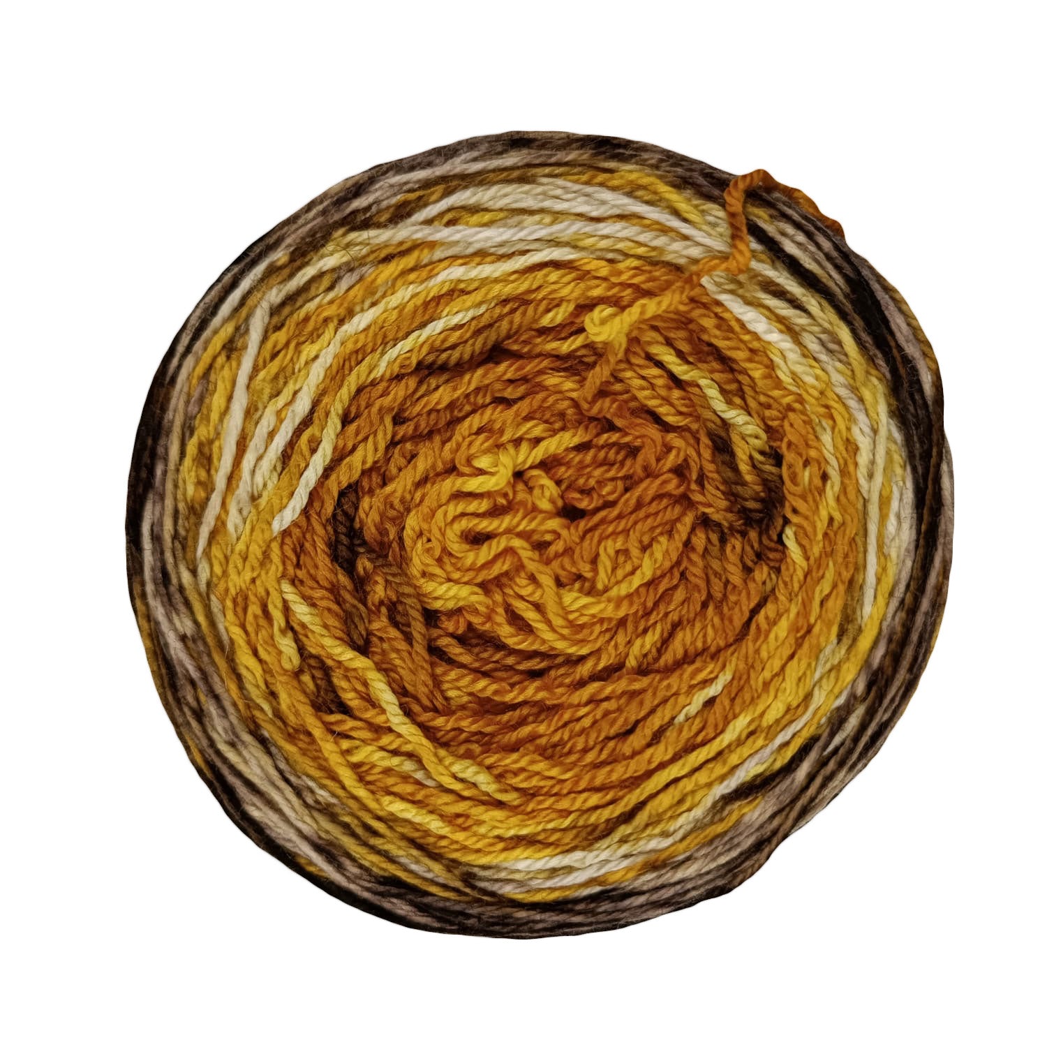 Ball of gradient Malabrigo Metamorphosis Sock yarn in shades of gold. 