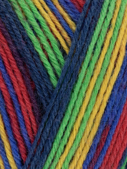 Close-up of colorful yarn strands in red, blue, green, and yellow.
