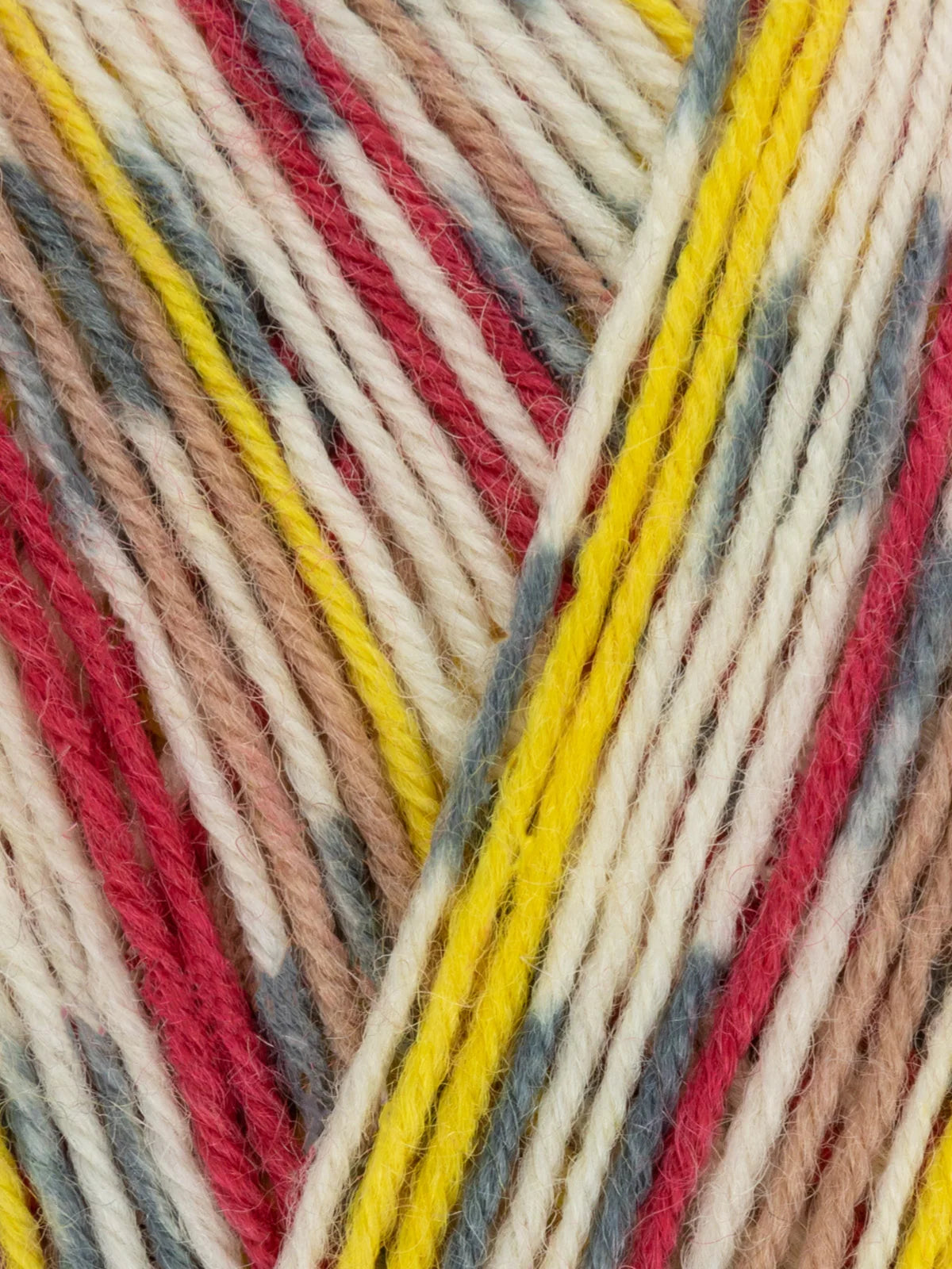 Close-up of WYS Signature 4ply in color Goldfinch, a yellow, white, brown and red yarn.