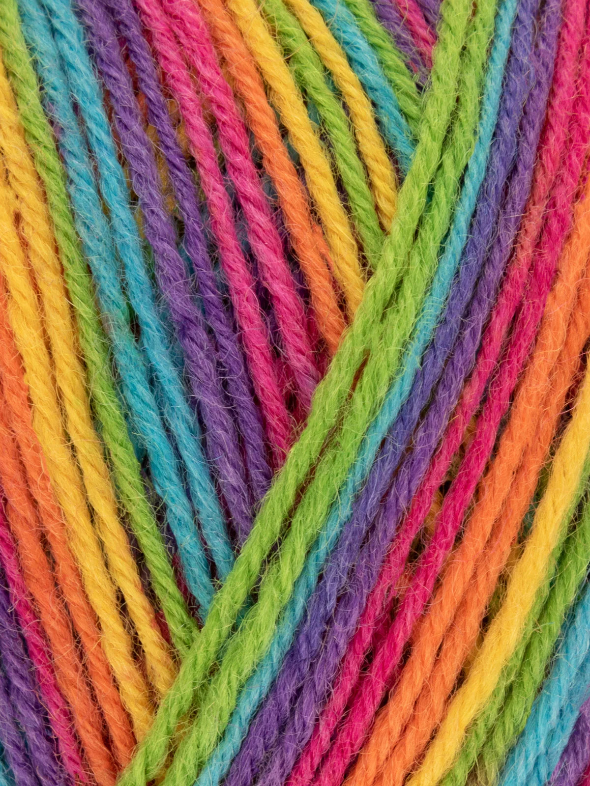 Close-up of WYS Signature 4ply in color Rum Paradise, a rainbow variegated yarn.